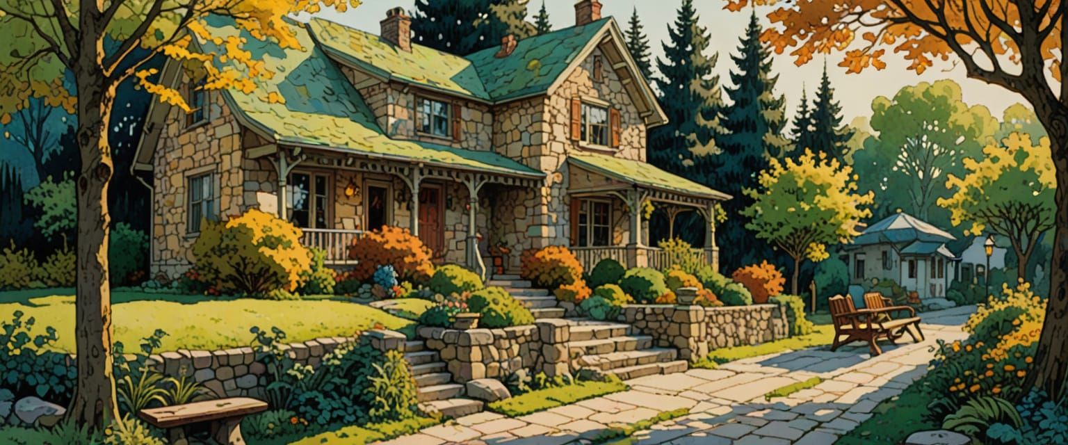 Quaint Village Scene in Comic Book Watercolor Style