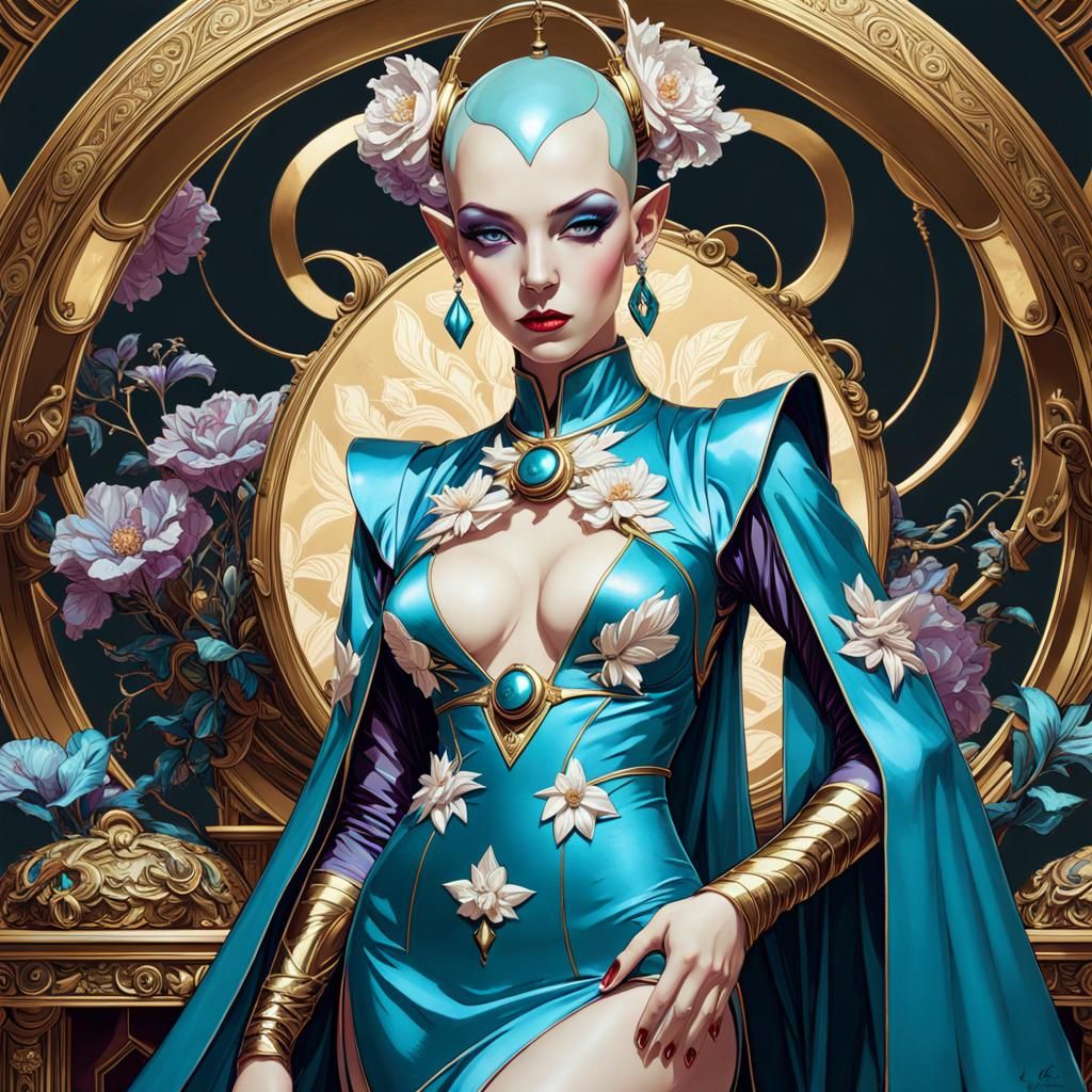 Cyan Goblin Warlock in Floral Dress, Digital Art