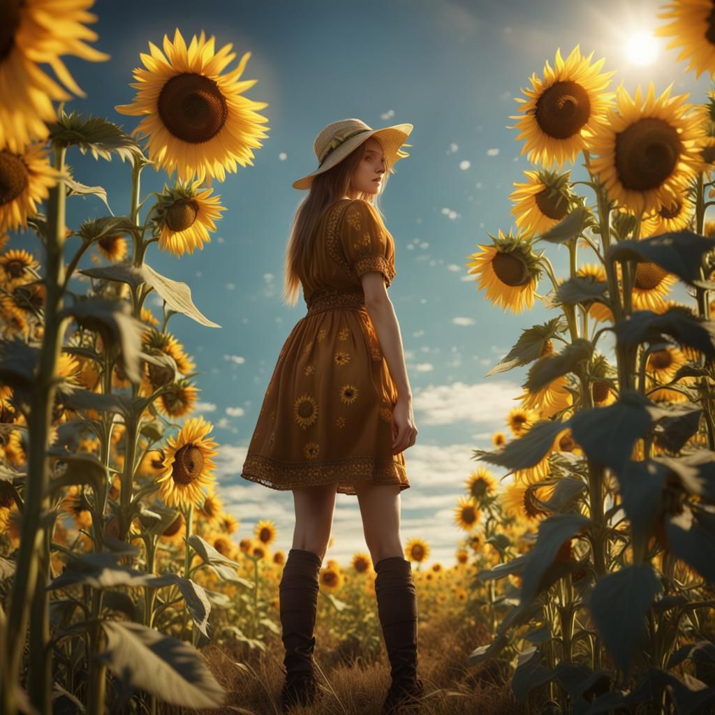 Girl in Sunflower Meadow: Detailed Matte Painting
