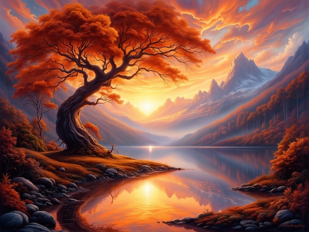 Ethereal Autumn Landscape with Majestic Tree and Tranquil La...
