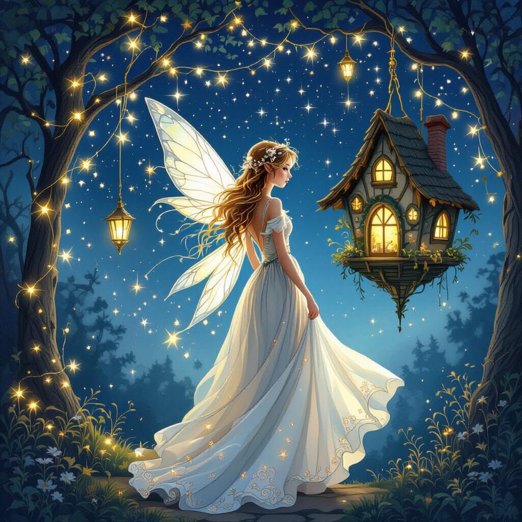 Delicate Fairy with Hanging Fairy House in Whimsical Style