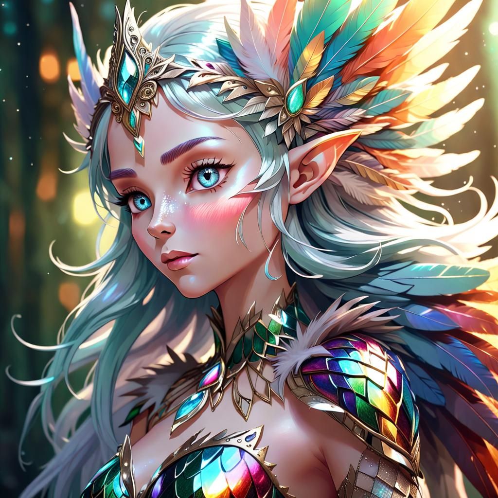 Glistening Elf Woman with Feather Hair in Fairycore