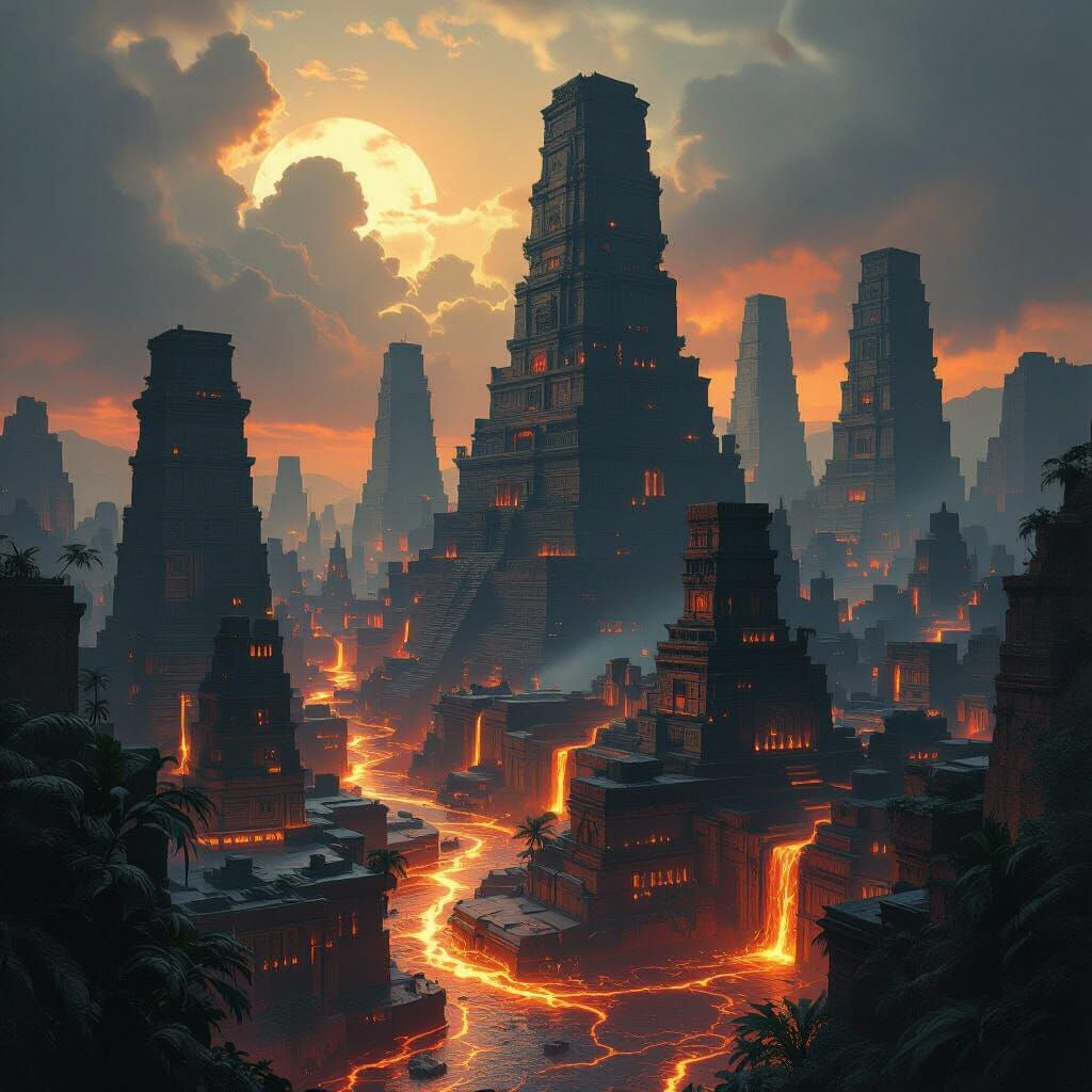 Dark Tropical City with Lava Rivers