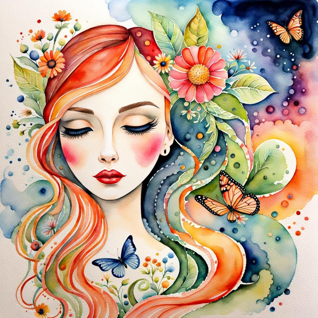 Vivid Watercolor of Whimsical Woman with Vintage Details
