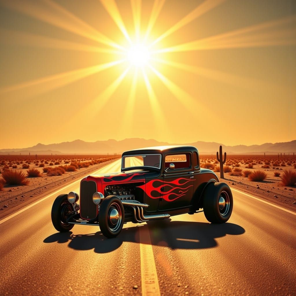Black Hot Rod with Red Flames on Desert Road