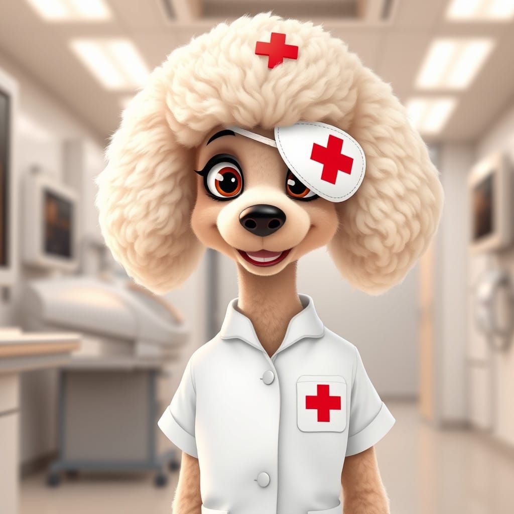 Cute Poodle Nurse in Modern Hospital Setting