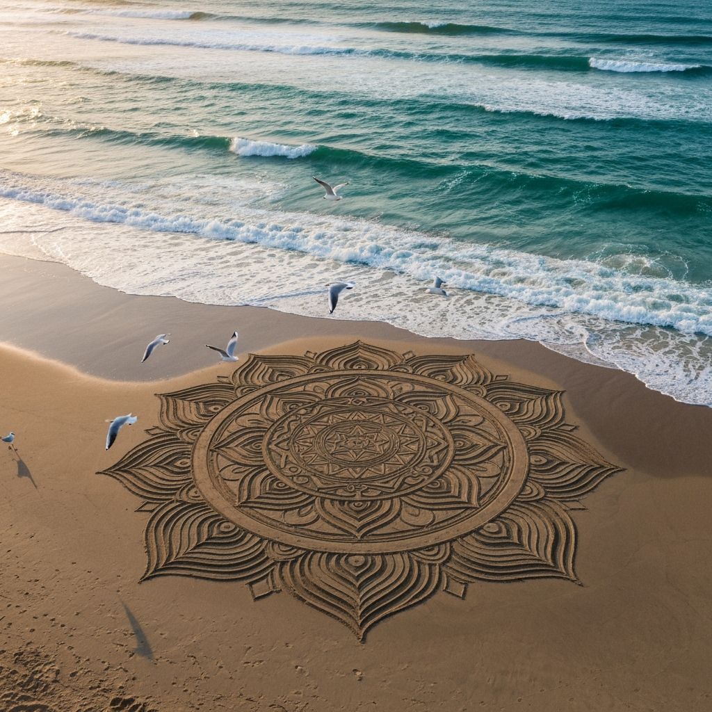 Aerial Beach Sand Mandala at Sunset