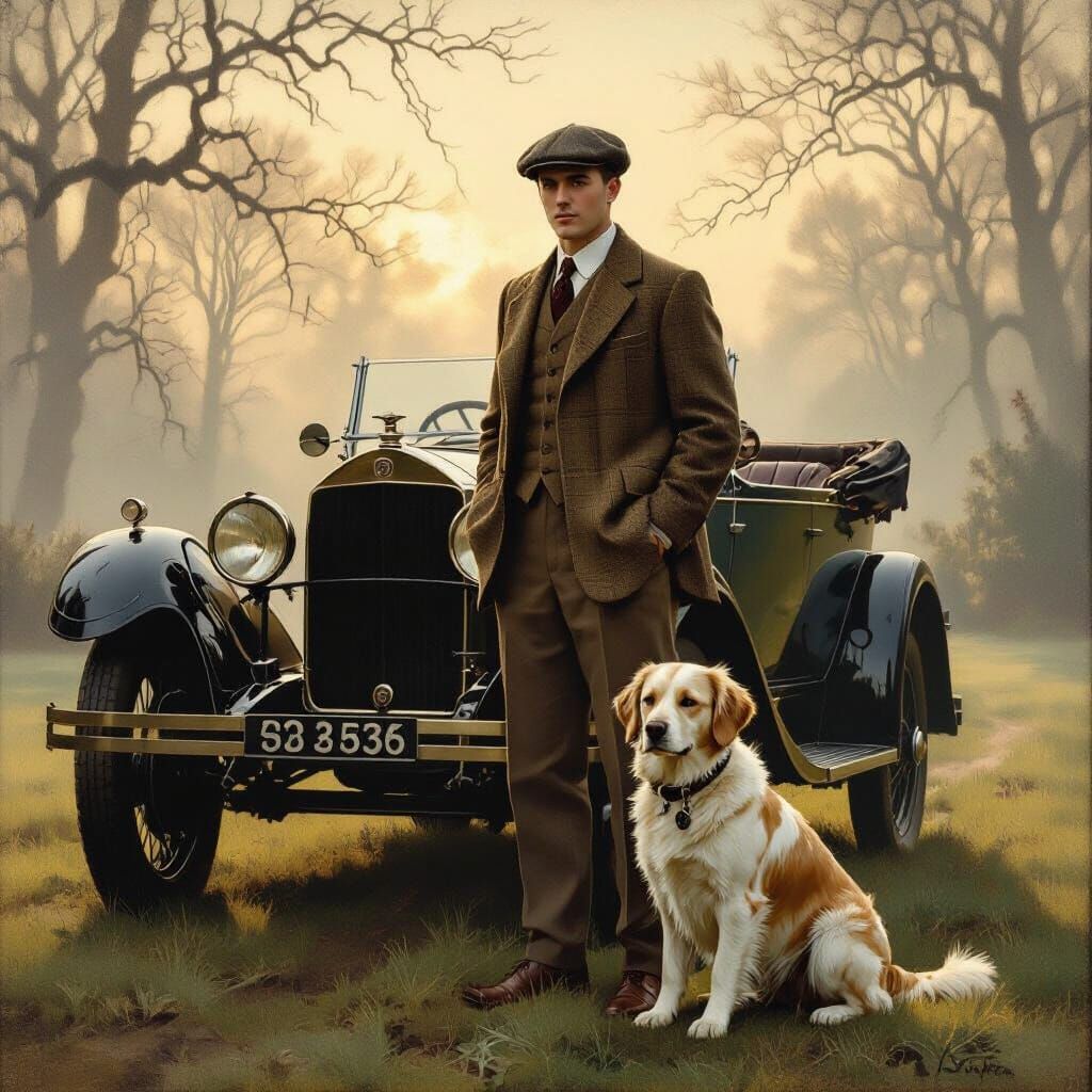 1920s Gentleman Hunter & Dog on Estate Grounds