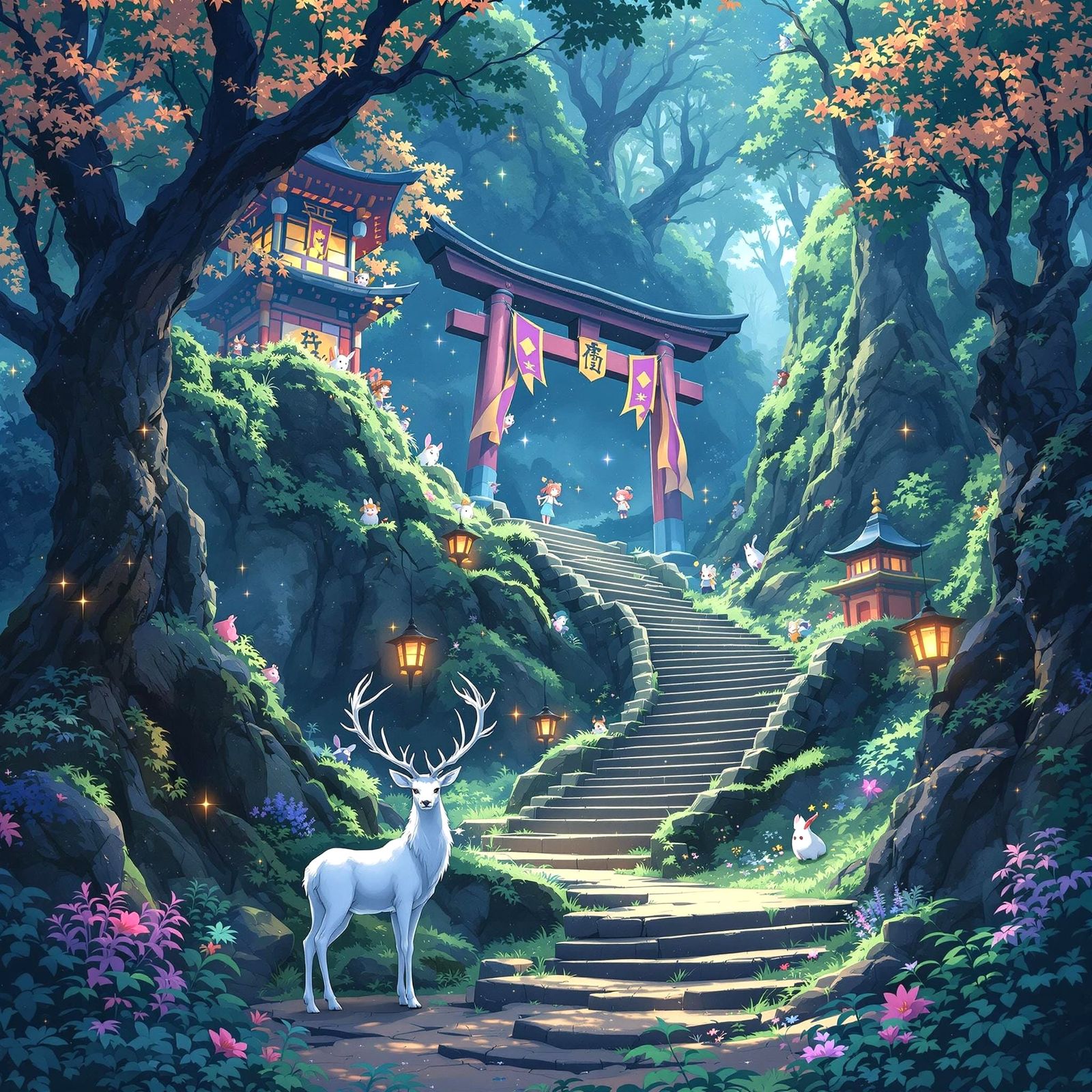 Mystical White Stag in Ancient Forest Shrine