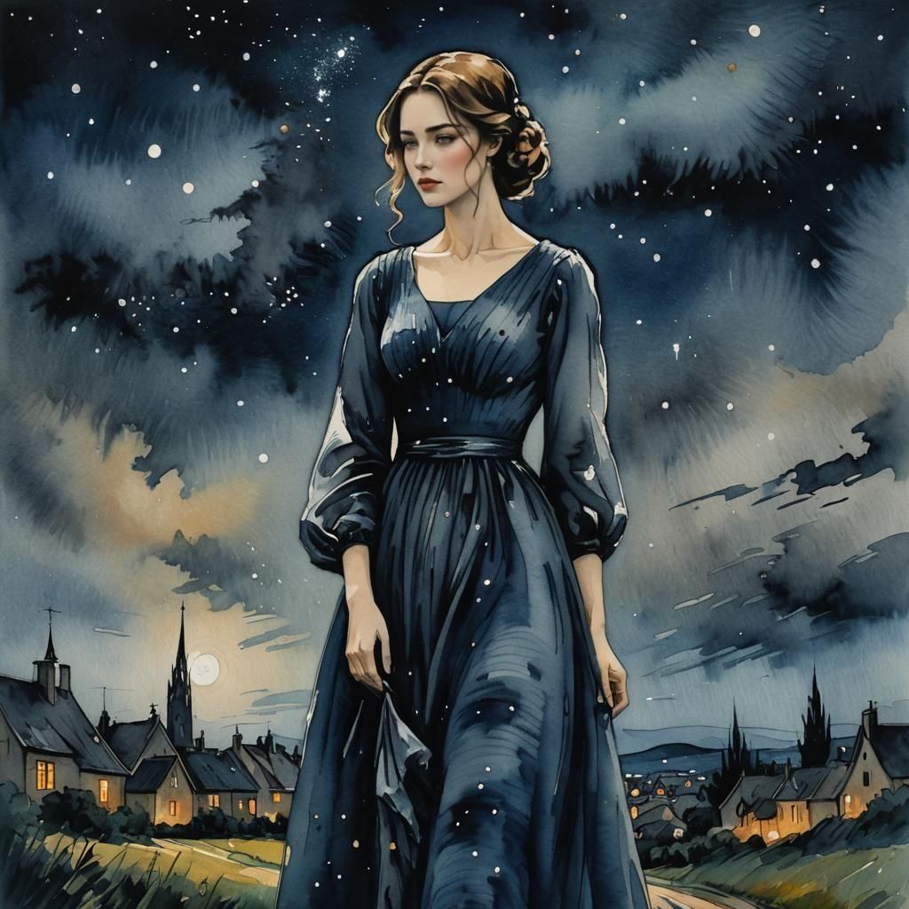 Starry Night in Modern Ink Painting Style