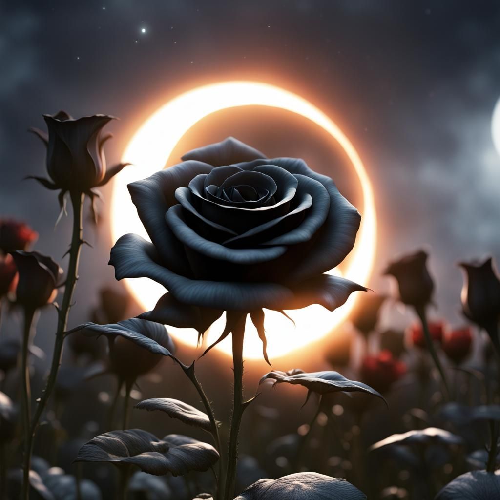 Solar Eclipse with Black Roses in Detailed Painting