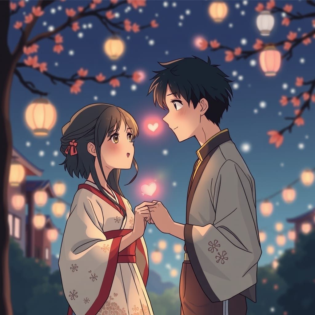 Romantic Anime Wedding Scene in Traditional Japanese Attire
