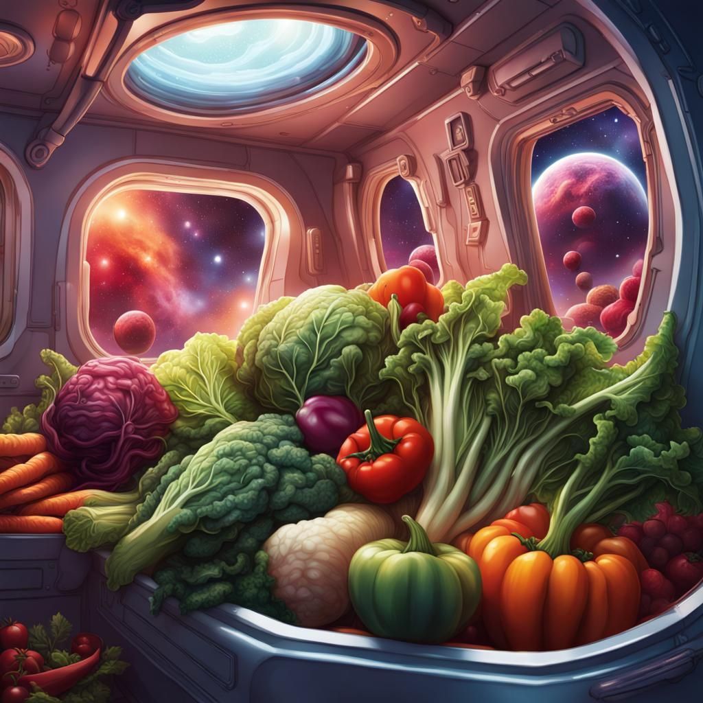 Vegetable Slumber Party on Spaceship: Hyperrealistic Art