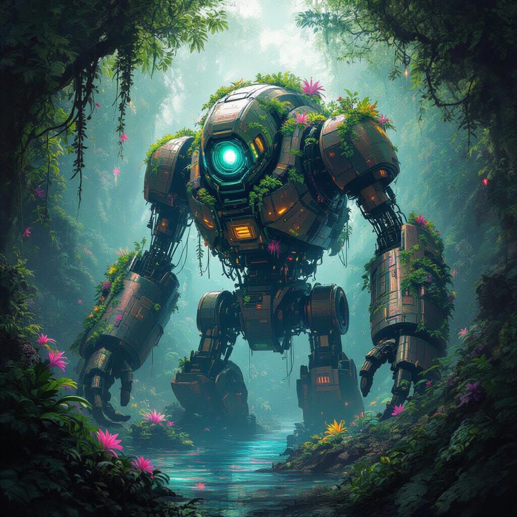 Colossal Automaton in Bioluminescent Jungle