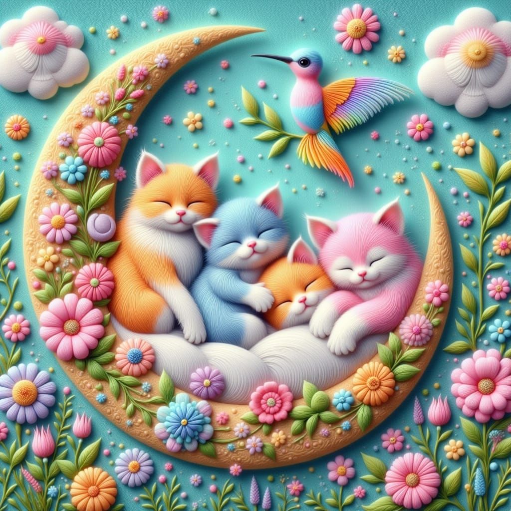 Whimsical Embroidery Art of Kittens in a Dreamlike Moon Scen...