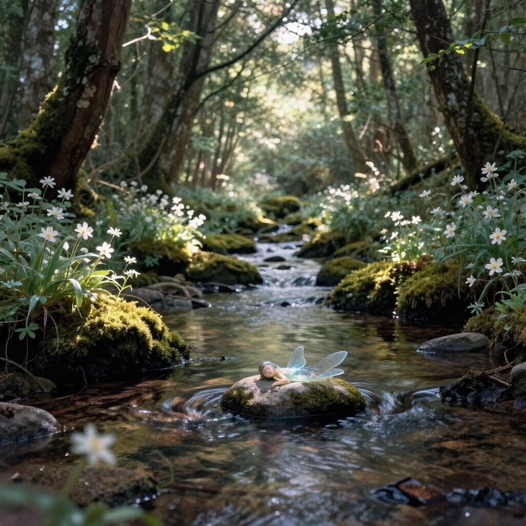 Serene Forest Stream with Ethereal Flowers and Water Sprite