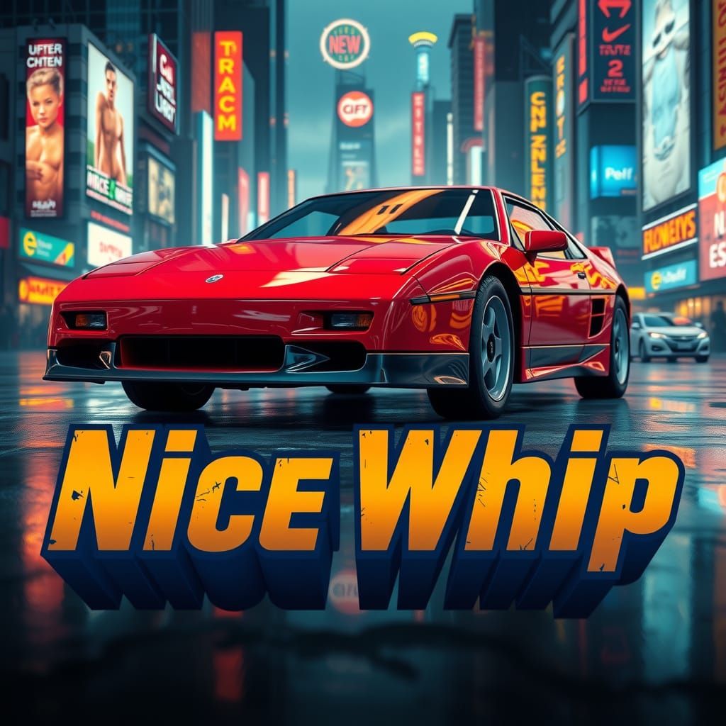 A sleek classic red Pontiac Fiero gleams under the vibrant glow of a neon-lit cyberpunk city, its curves and lines accen...