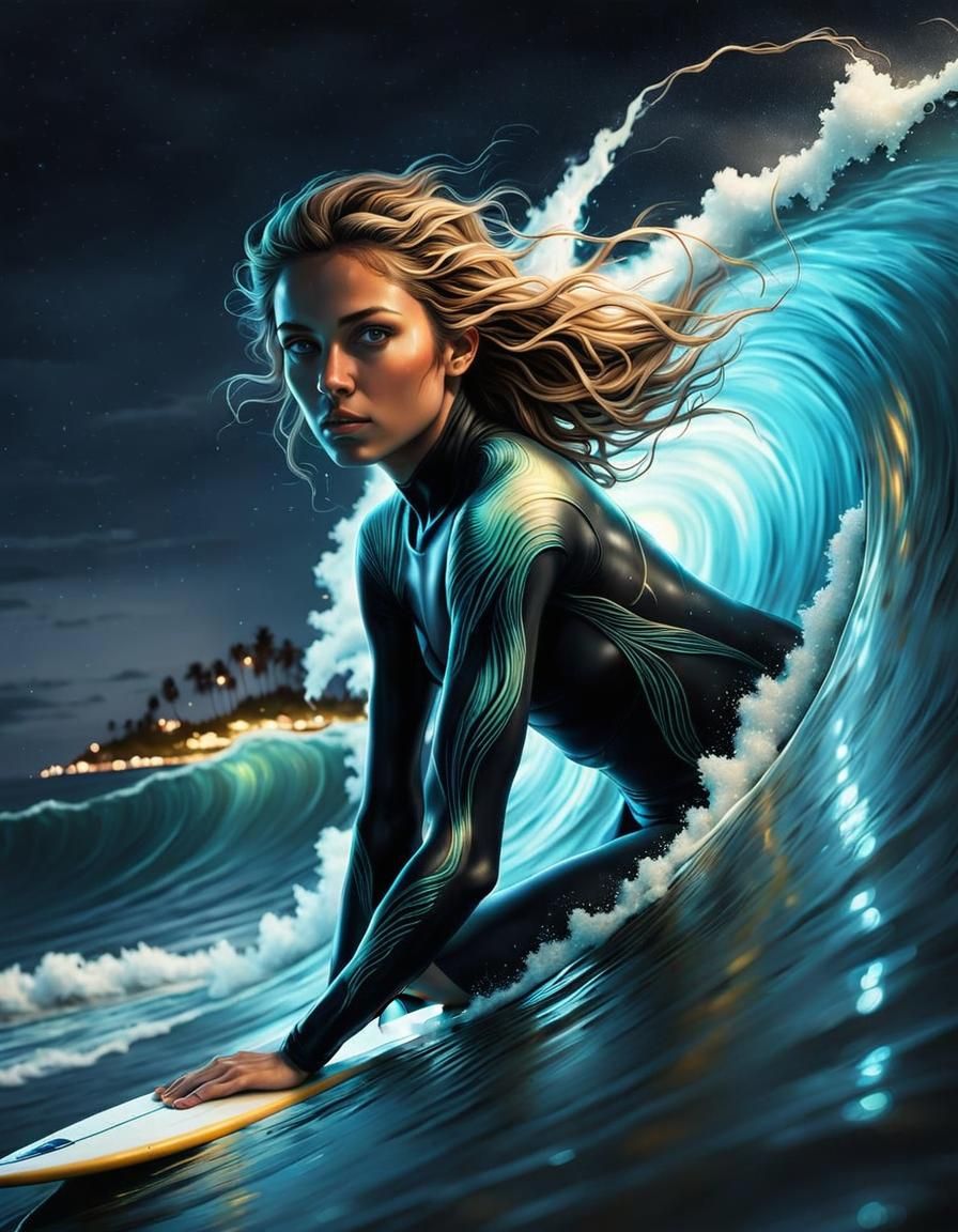 Surfer Girl in Bio-luminescent Barrel at Night: Style: Surre...