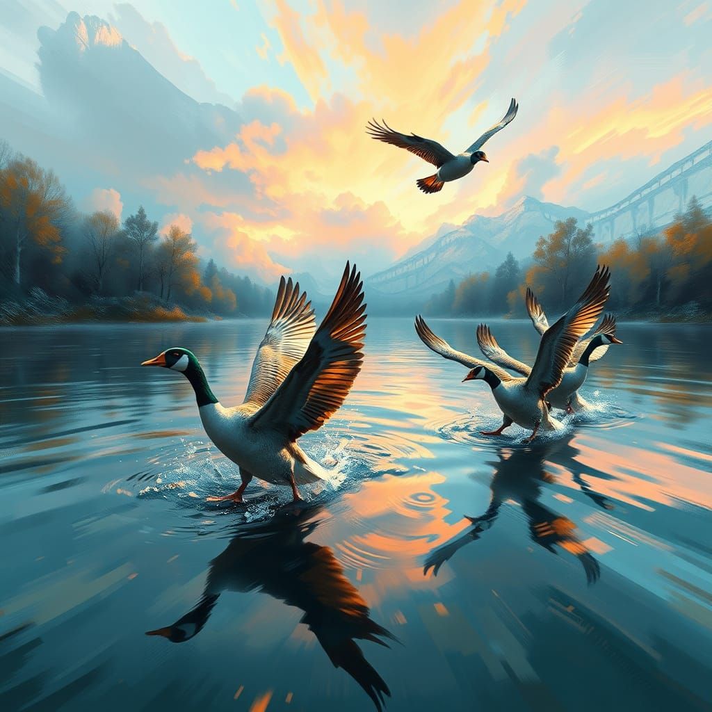 Geese in Flight: Hyperdetailed Art Nouveau Painting