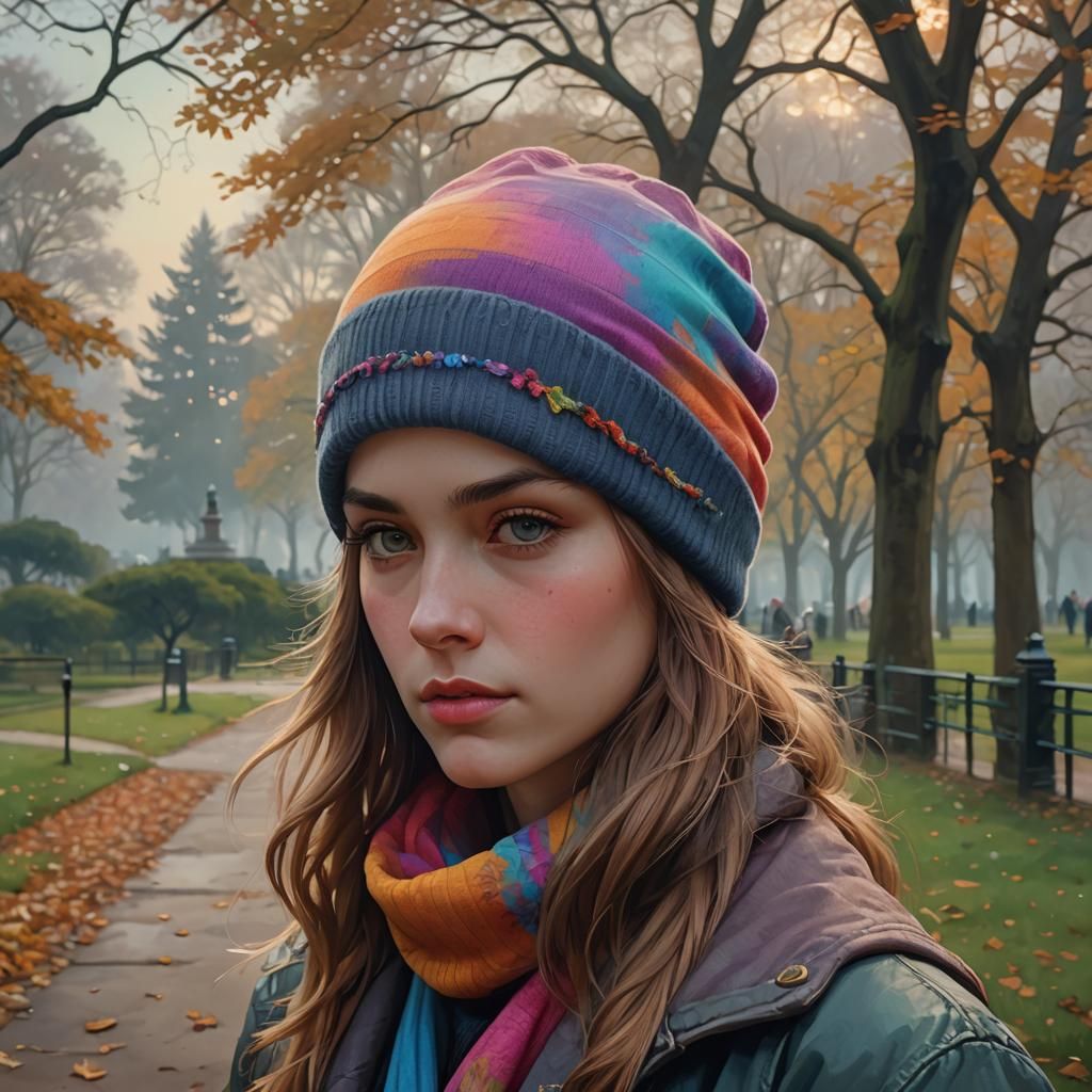 Dreamy Portrait with Beanie in Art Nouveau Style