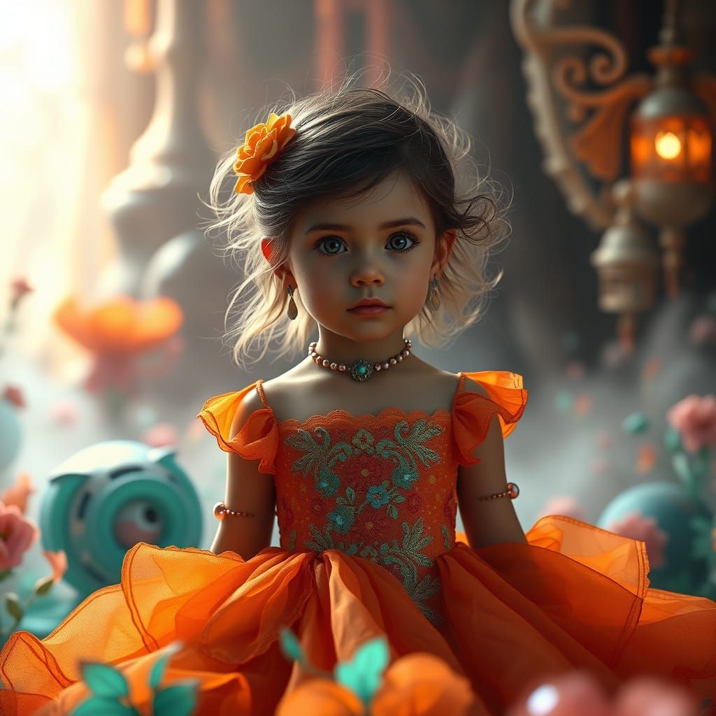 Little Girl in Orange Dress Amidst Dreamlike Scenery