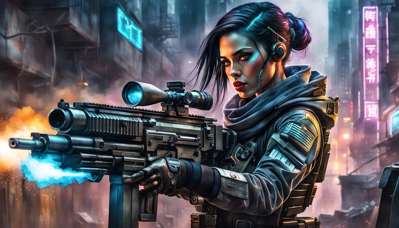 Cyborg with Machine Gun in Dystopian City