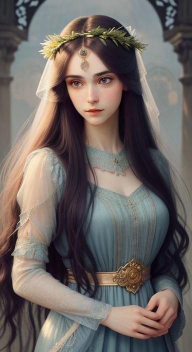 Ethereal Portrait with Halo in Pre-Raphaelite Style