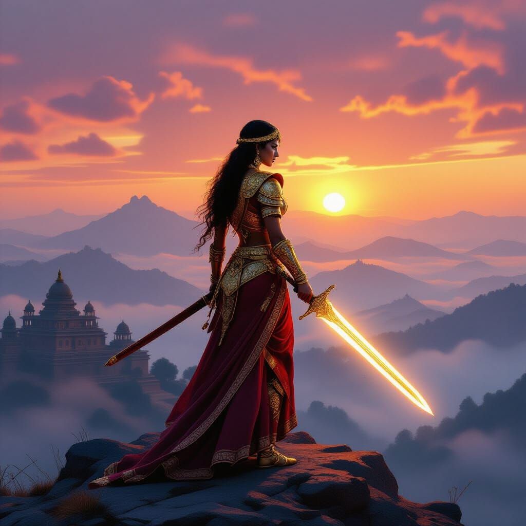 Rajputana Warrior Queen Overlooking Her Kingdom at Sunrise