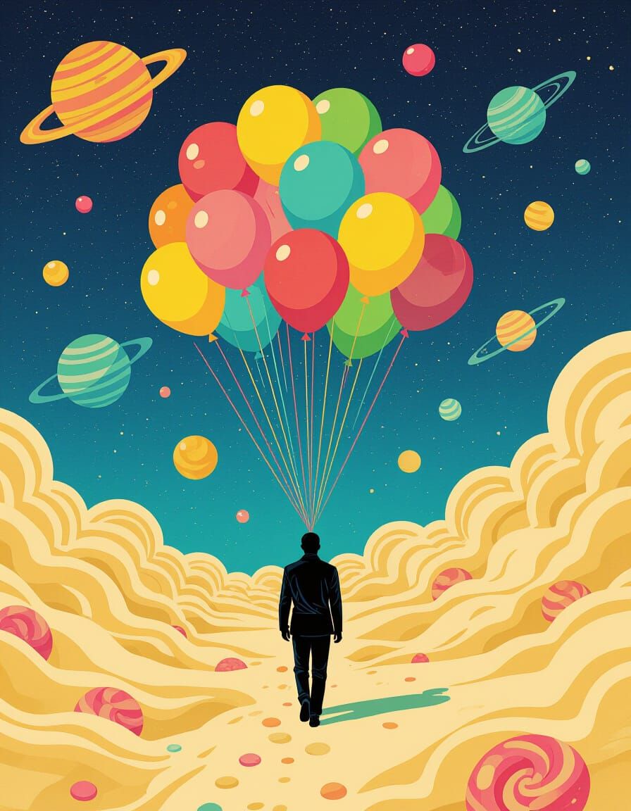 Fluorescent Balloons in a Cyberpunk Cream Space