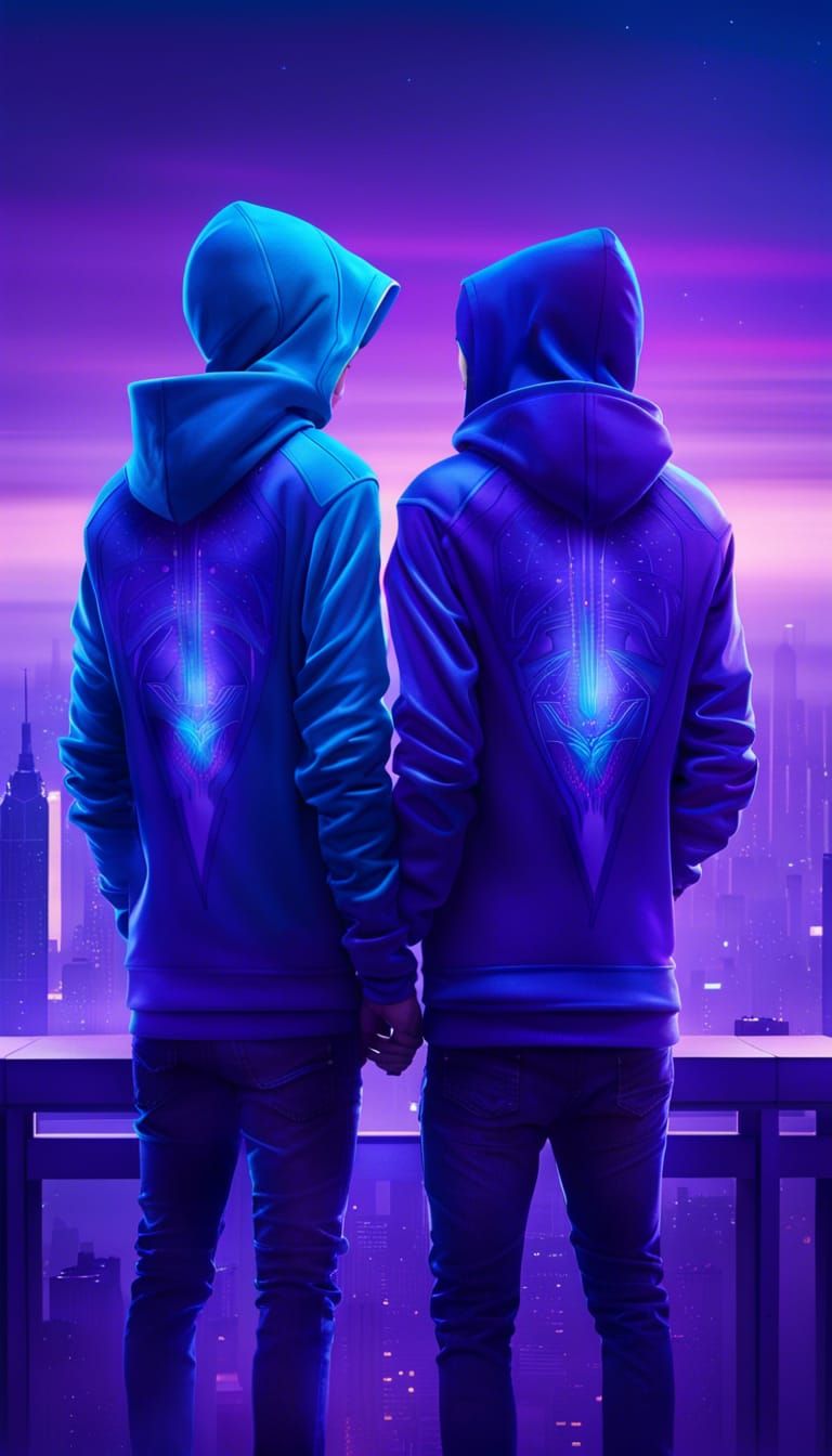 Futuristic Cityscape: Two Figures Holding Hands