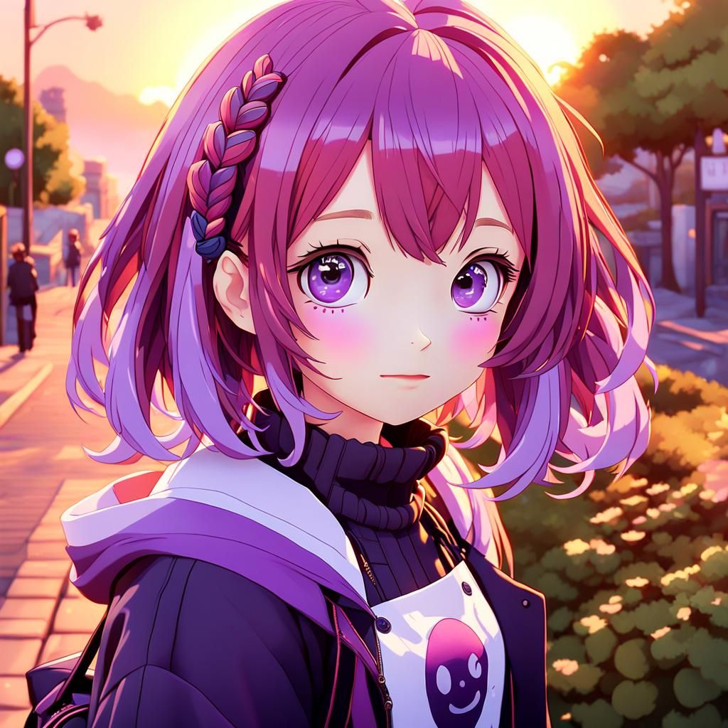 Sunset Portrait of Kawaii Girl with Violet Eyes