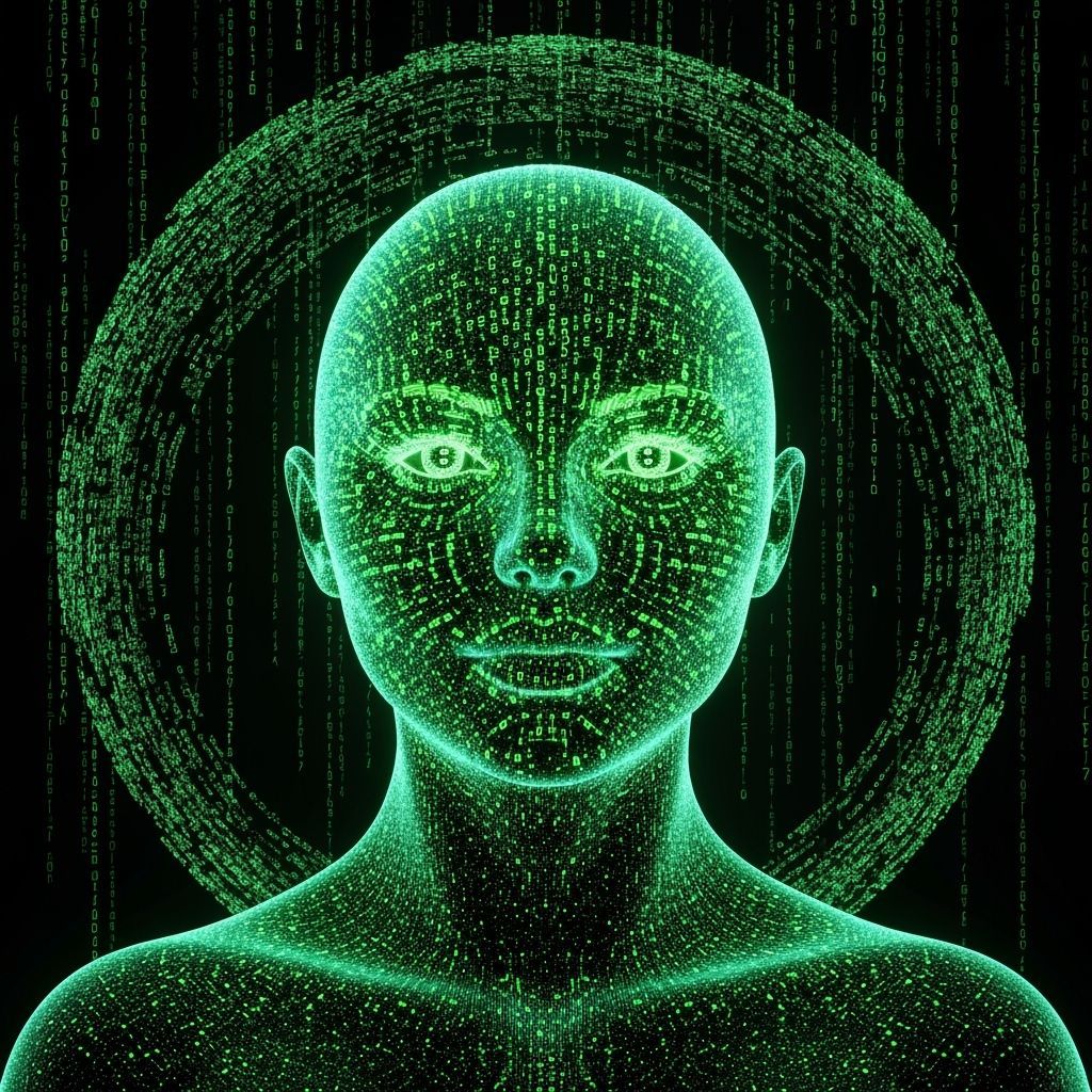 Pretty Woman Made of Neon Green Digital Code and ASCII Symbo...