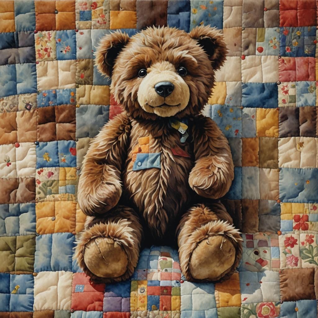 Watercolor Teddy Bear on Patchwork Quilt Painting