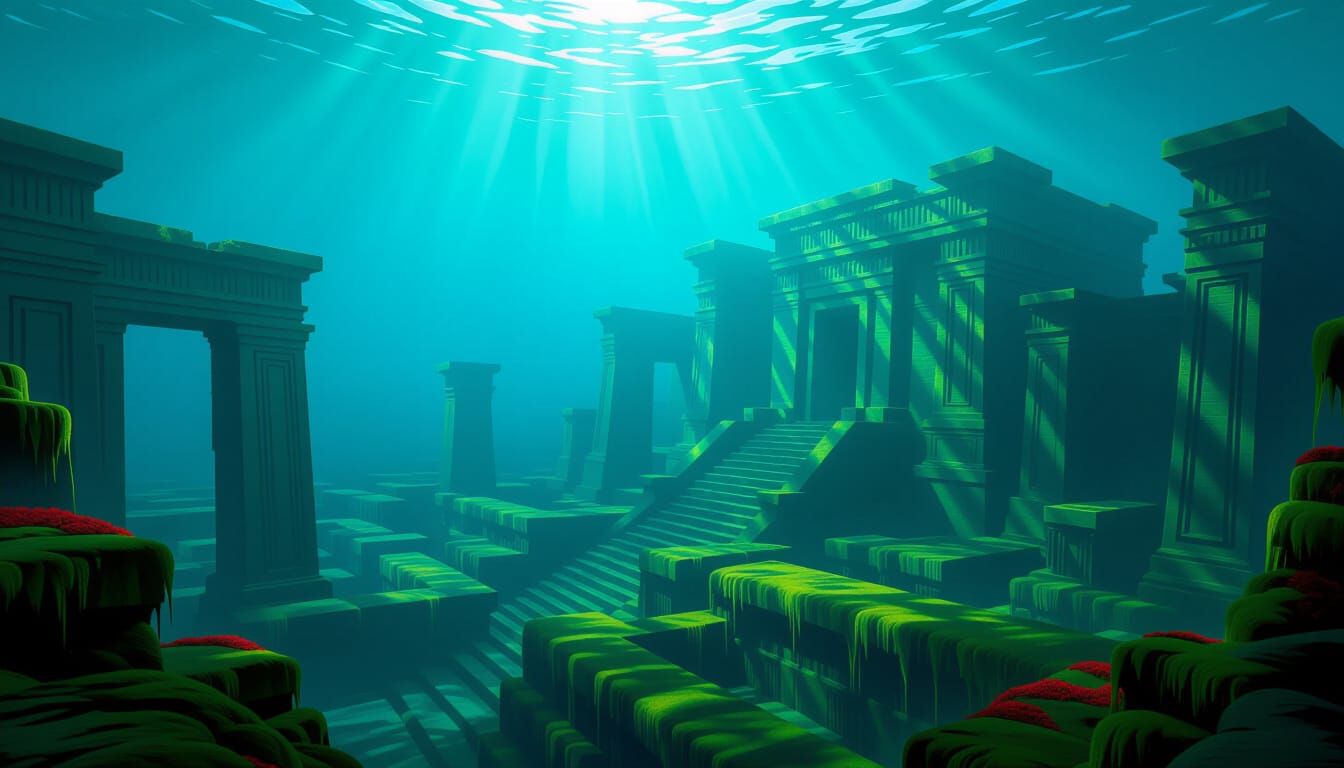 Overgrown Atlantean City Ruins in Ethereal Underwater Light