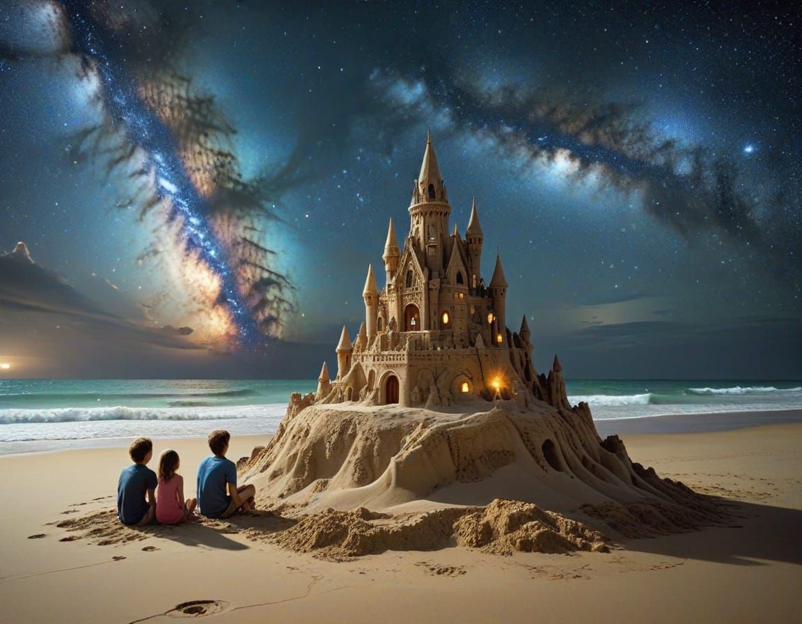 Family on Artificial Beach with Nebula Sky