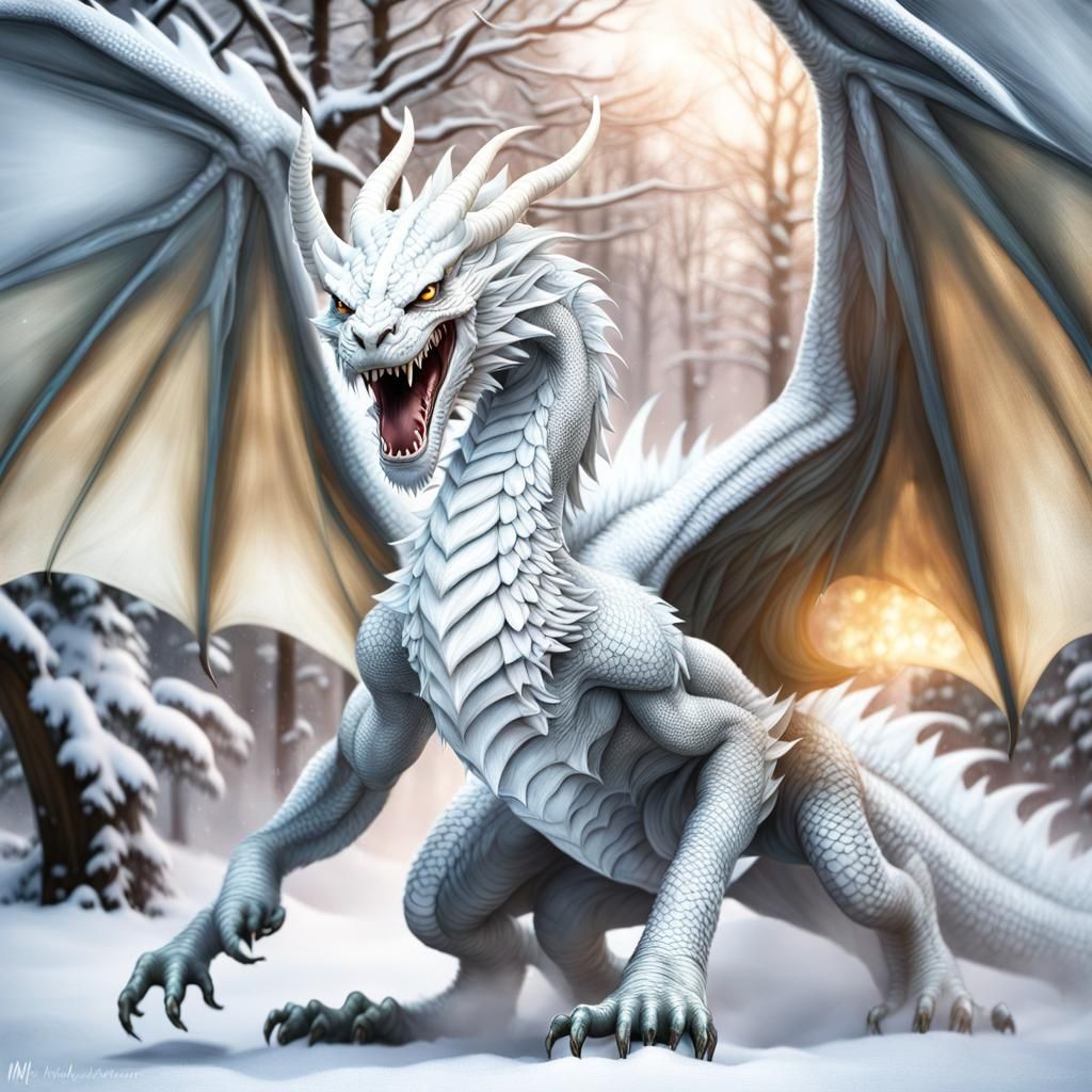 Fierce White Snow Dragon Portrait in Hyperrealism