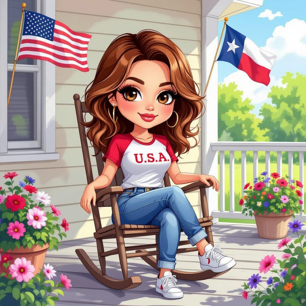 Whimsical Chibi Woman on Porch in Watercolor Style