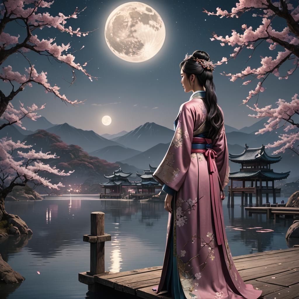 Korean Princess Under Moon with Sakuras
