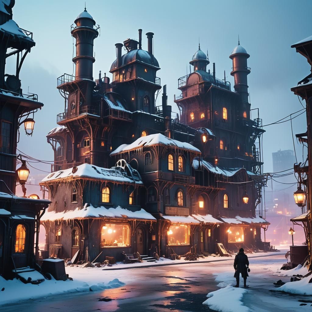 Steampunk Survival Outpost Amidst Frozen Tundra in Vibrant N...