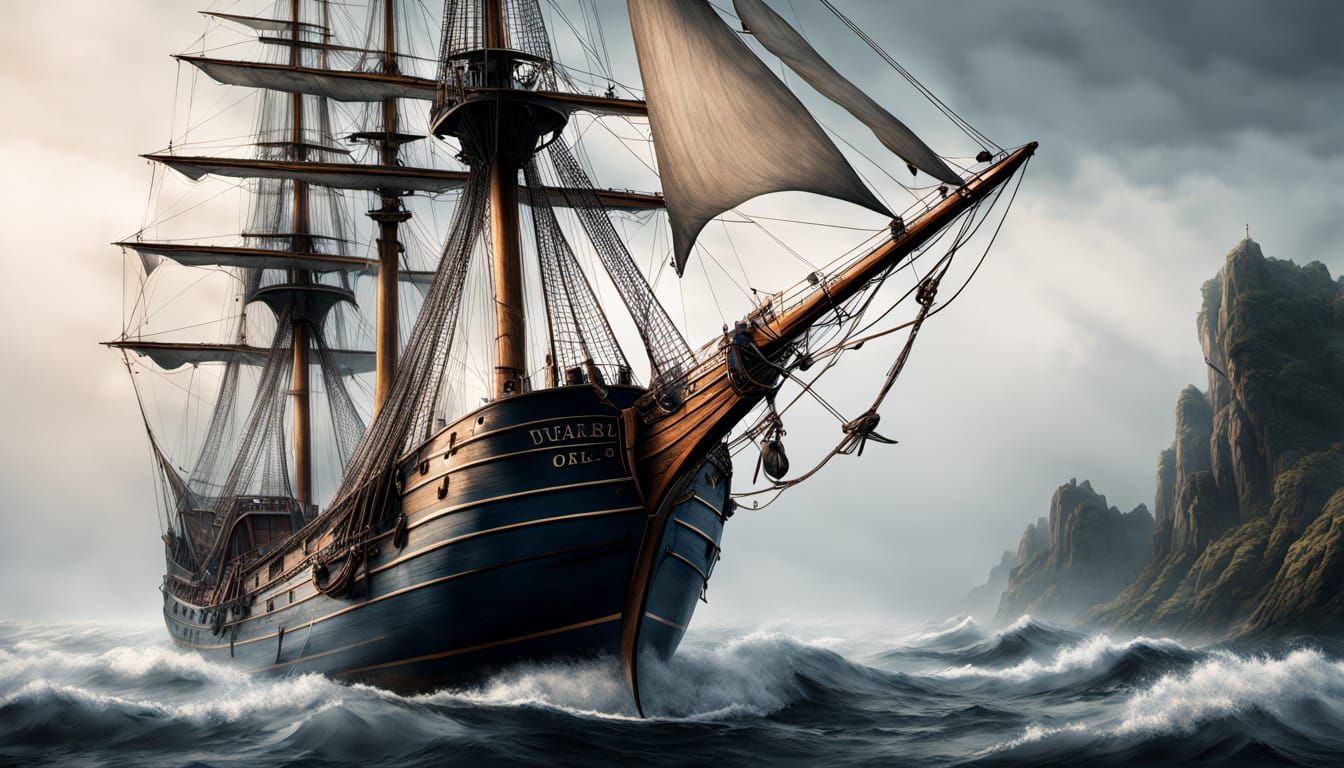 Majestic Galleon Unfurls Sails from Foggy Maritime Landscape...