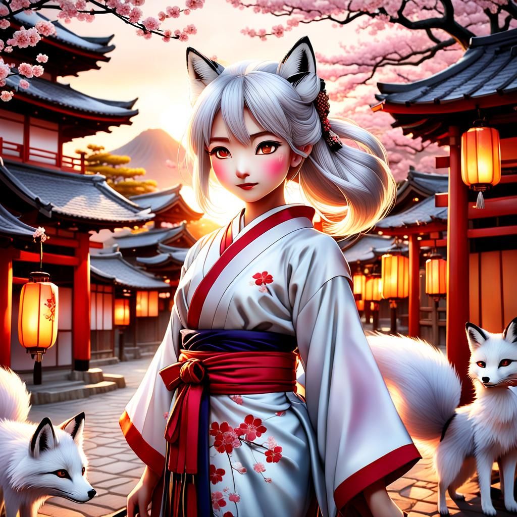 Japanese folklore female character, silver white hair with fox ears and tails, bright golden eyes, wearing a traditional...