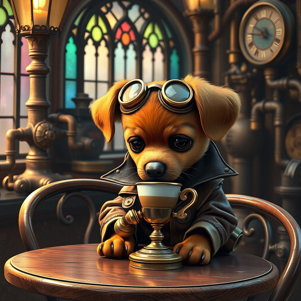 Steampunk Puppy Sipping Espresso in Ornate Cafe