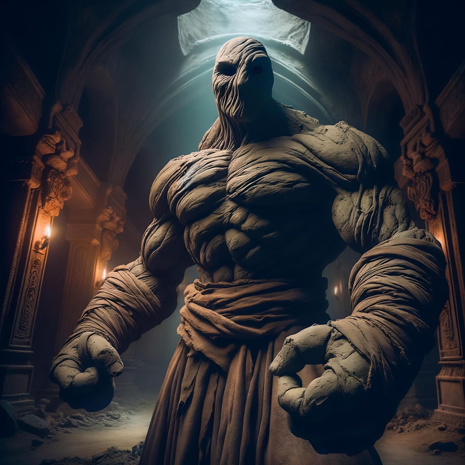 Imposing Clay Golem in Dark Fantasy Style