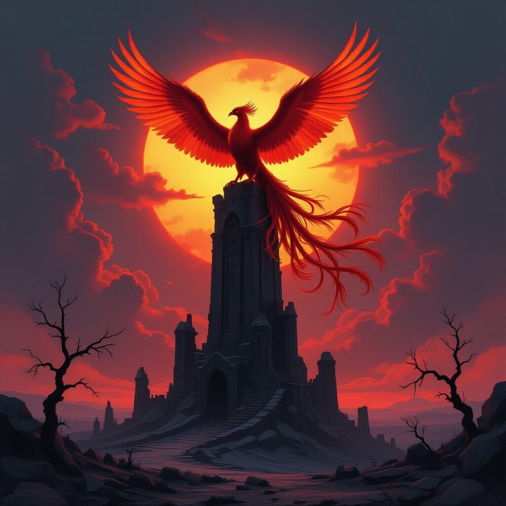 Majestic Phoenix on Obsidian Tower, Dark Fantasy Art