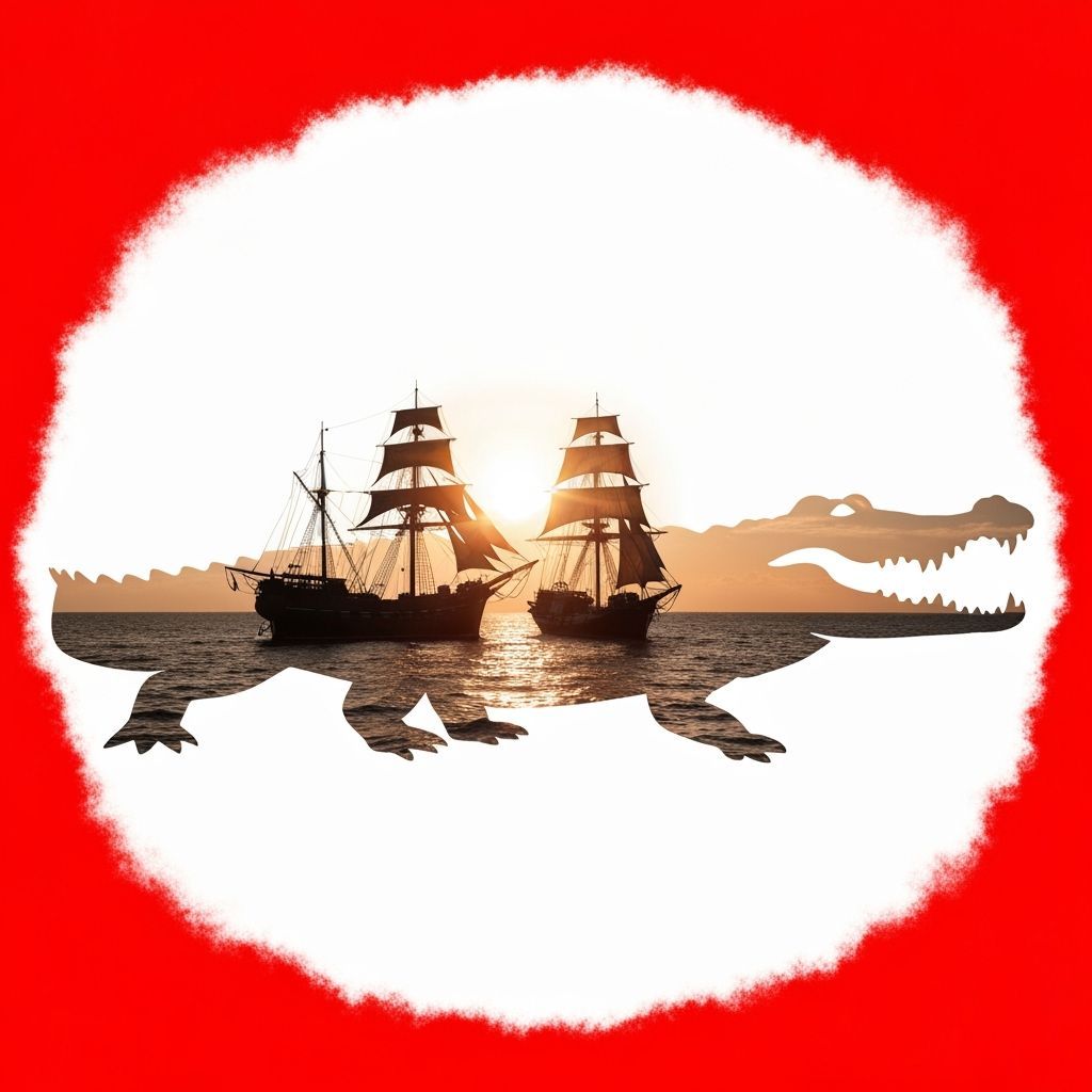 Crocodile Silhouette Double Exposure with Sailing Ship