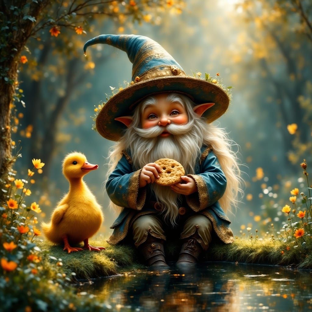 Magical Gnome Shares Crackers with a Friendly Duck in an Eth...