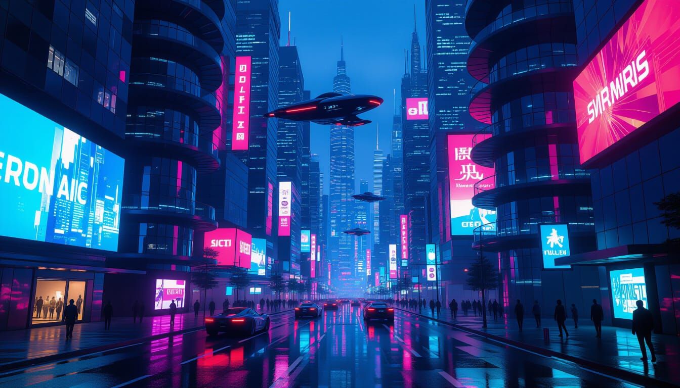 Futuristic Metropolis at Dusk with Neon Glow