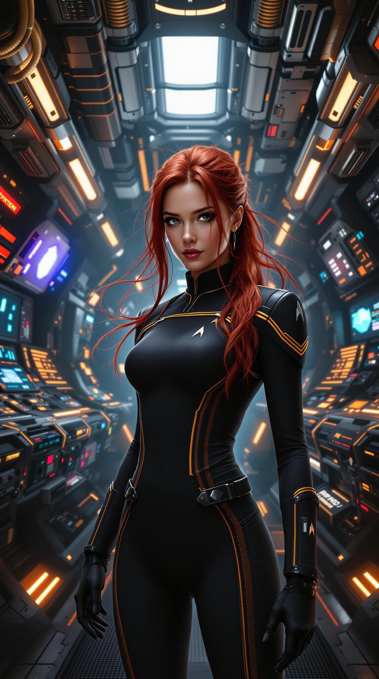 Starfleet Ensign Amidst Vibrant Engineering Bay in Cyberpunk...