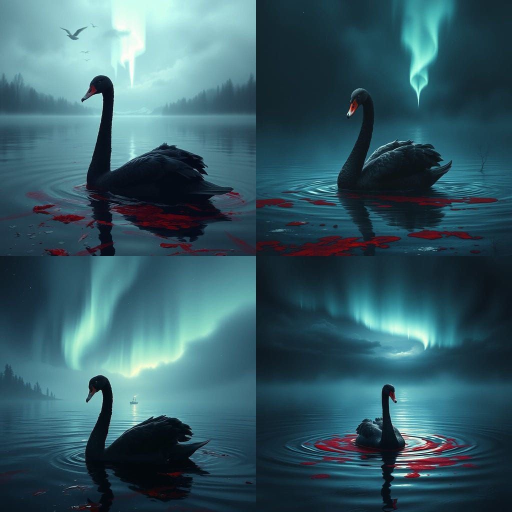 Black Swan on Blood Lake beneath a Flickering Aurora