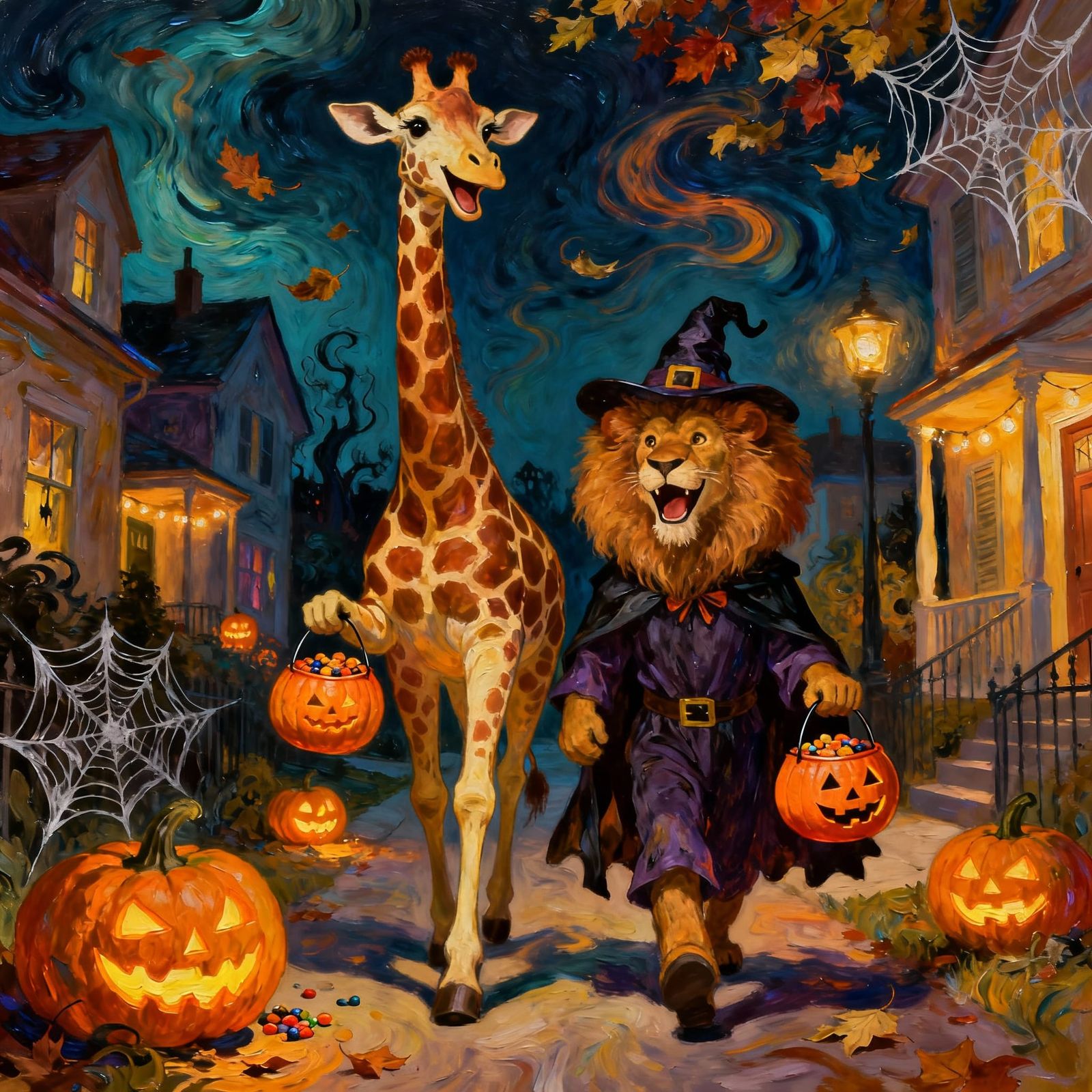 Halloween Animals Trick-or-Treating in Cozy Neighborhood